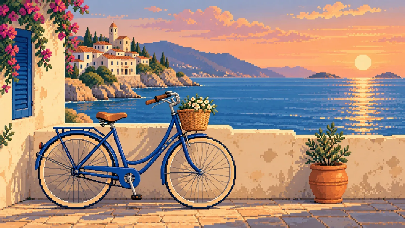 Blue bicycle and coastline rendered as a single pixel-art scene