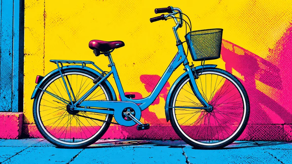 Blue bicycle against large yellow and magenta color masses