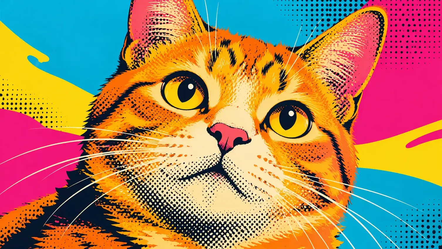 Cat face with selective screen-print halftone texture