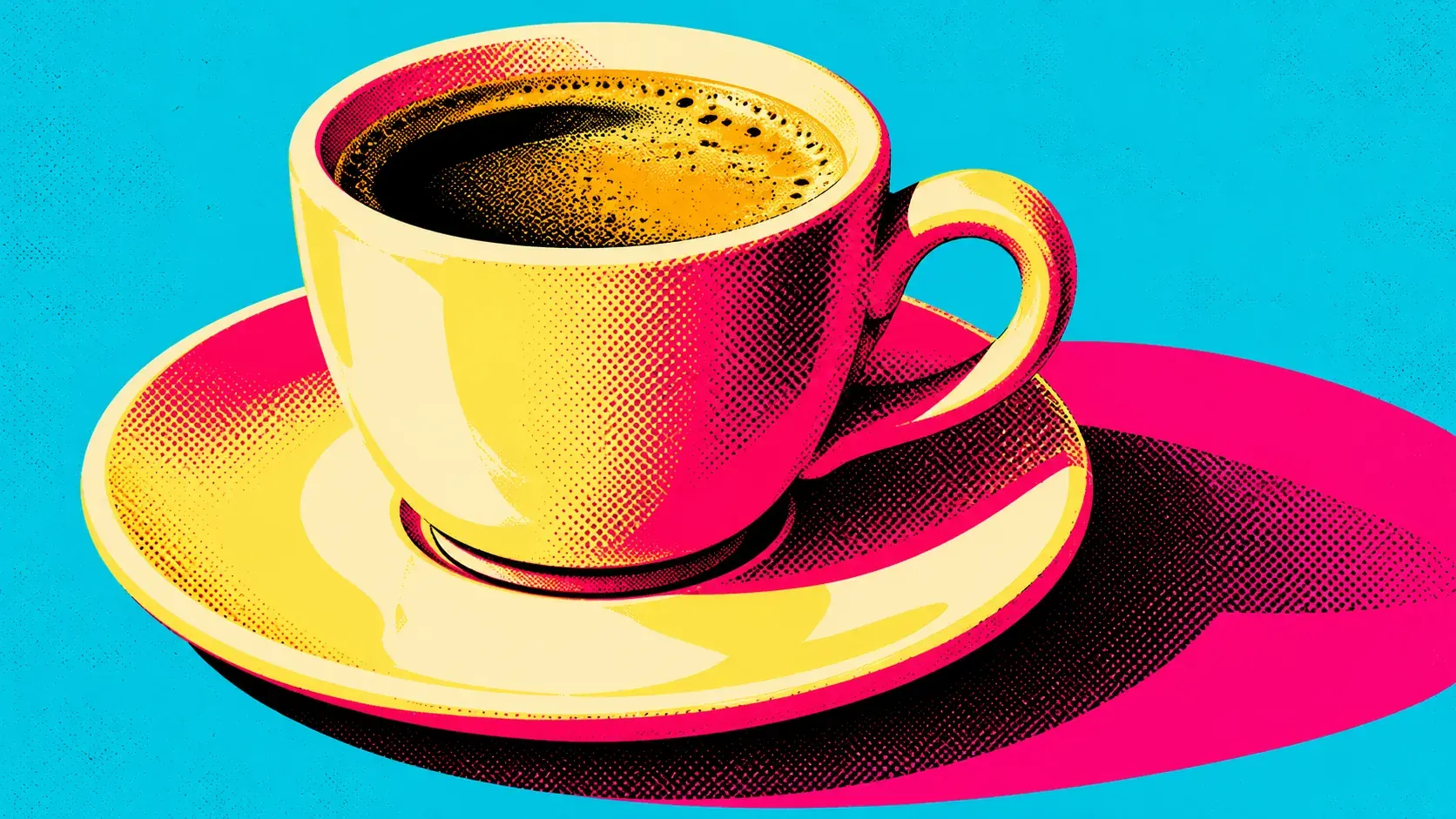 Coffee cup and saucer arranged as simplified poster-like shapes