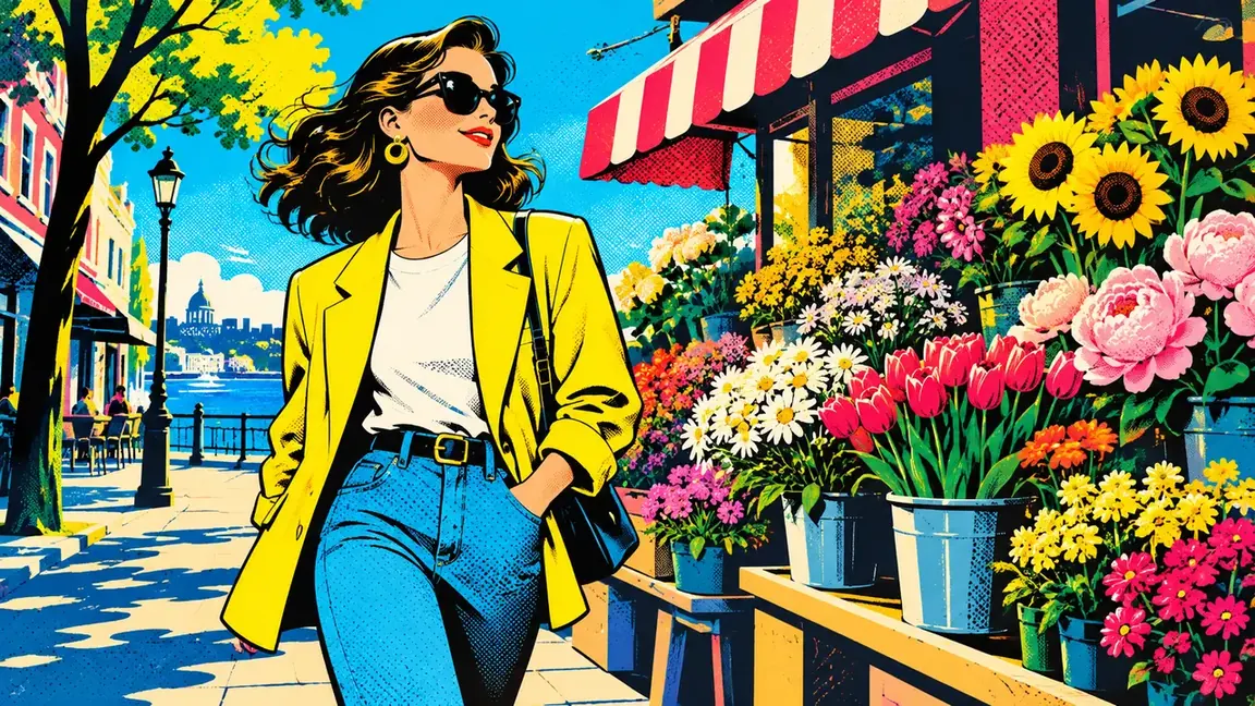 Graphic pop-art street scene with a flower stall