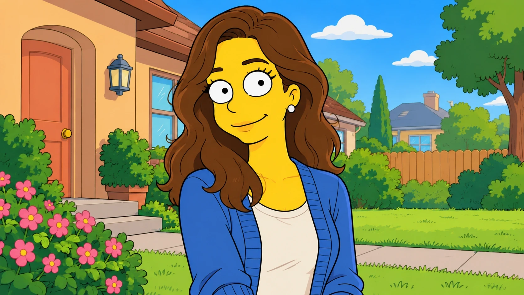 Original yellow-skinned cartoon portrait in a bright flat garden