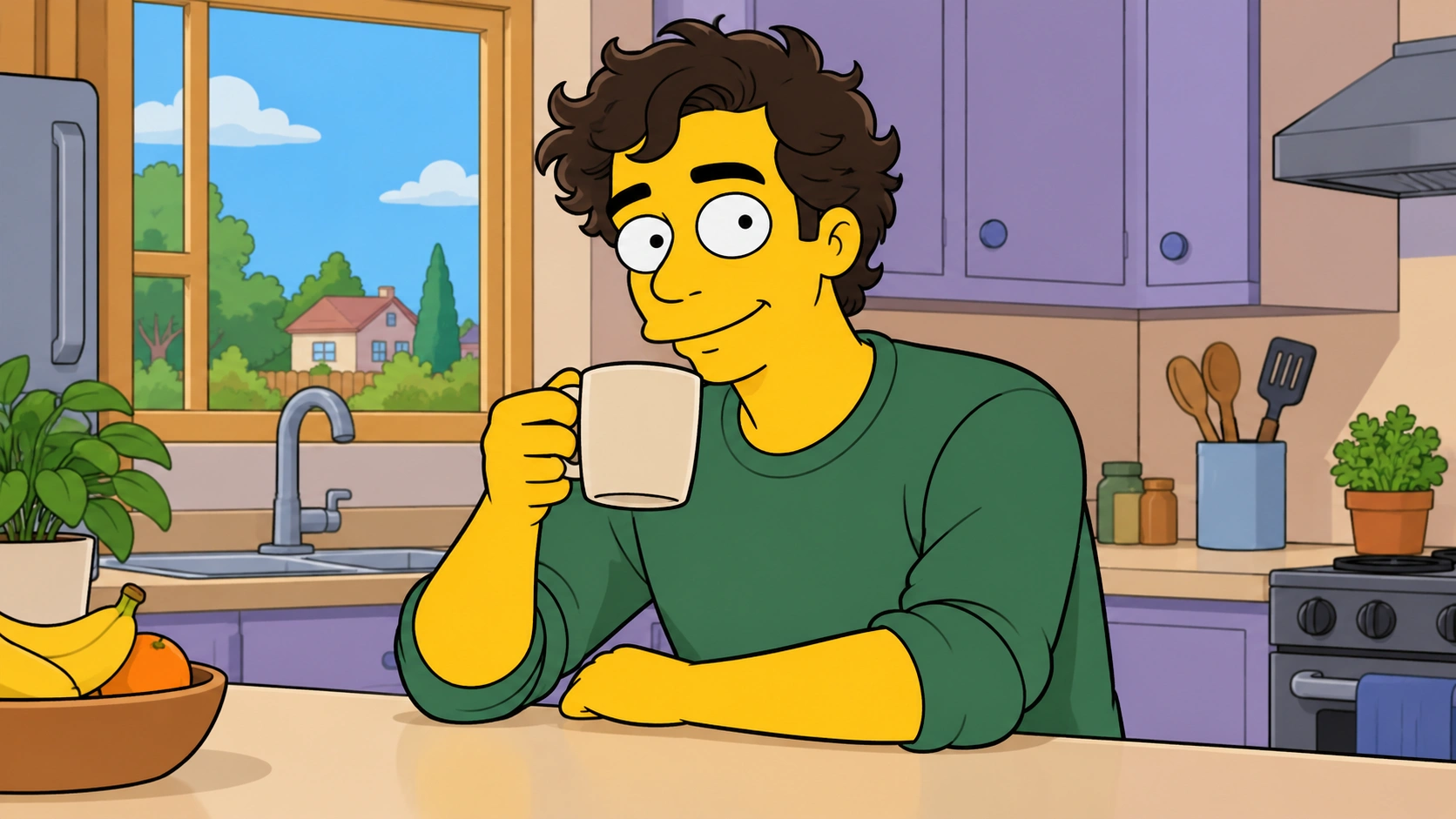 Original cartoon man and mug held by even black contours