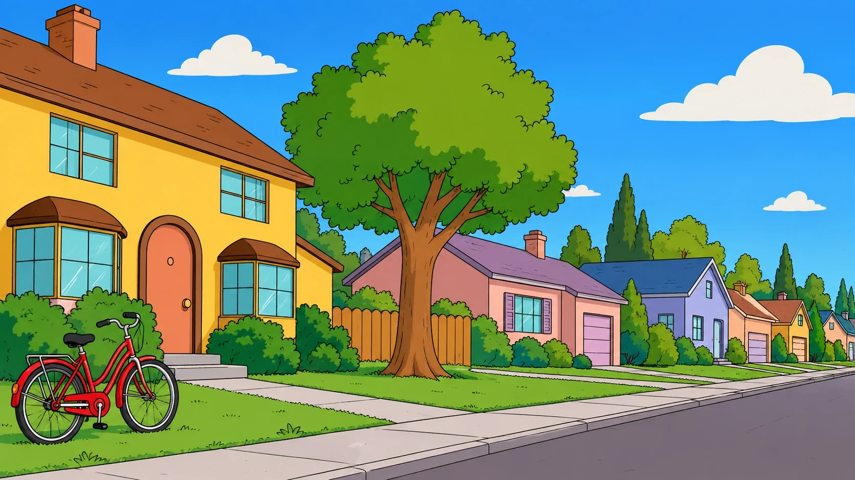 Suburban street drawn in bright flat outlined shapes