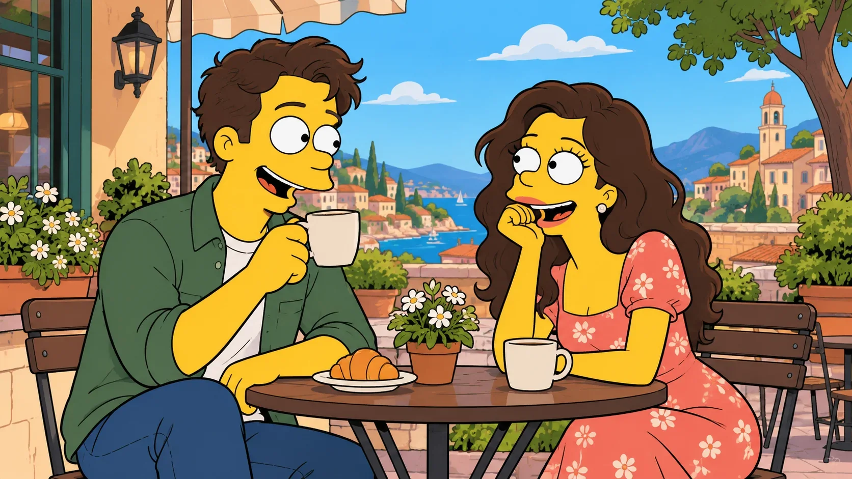 Original yellow-skinned cartoon couple at an outdoor cafe