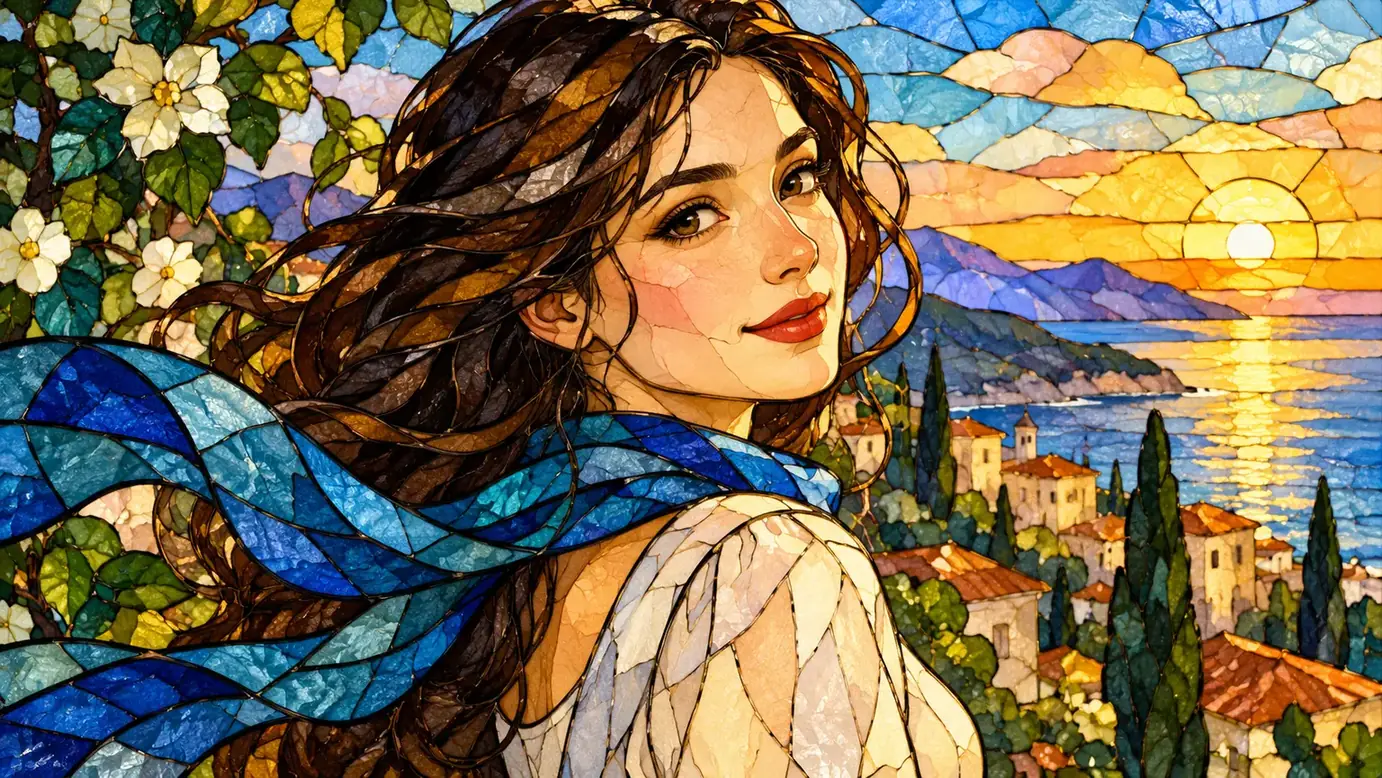 Portrait assembled from luminous bounded colored glass segments