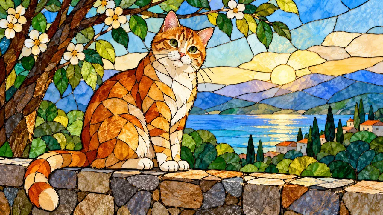Cat and branch composed of fitted colored glass shapes