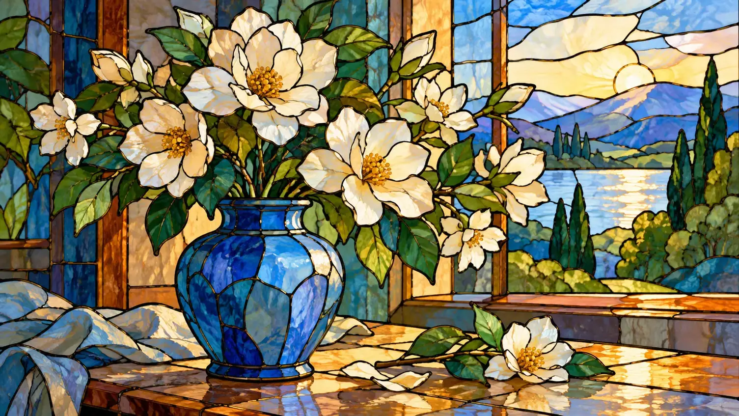 Flower vase organized by continuous dark lead-like joining lines