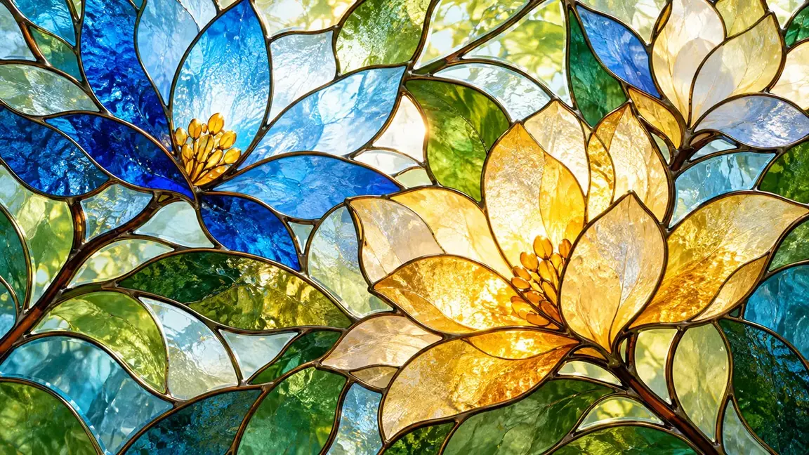 Blue, gold and green glass segments showing transmitted light