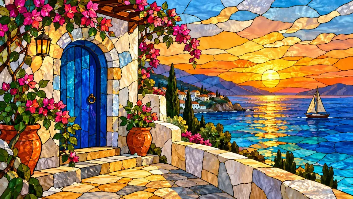 Seaside cottage rendered as a luminous stained-glass scene