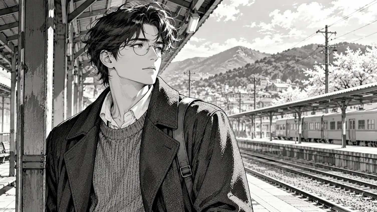 Black-and-white manga portrait with ink contours and screen tones