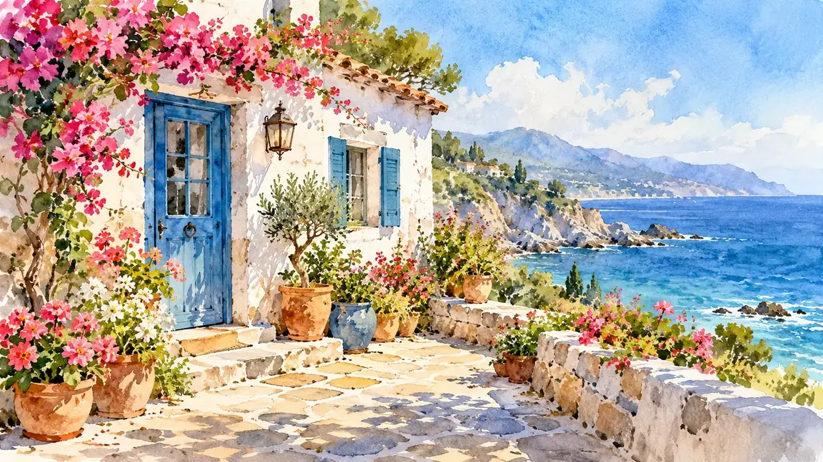 Watercolor seaside cottage with transparent washes and painted flowers