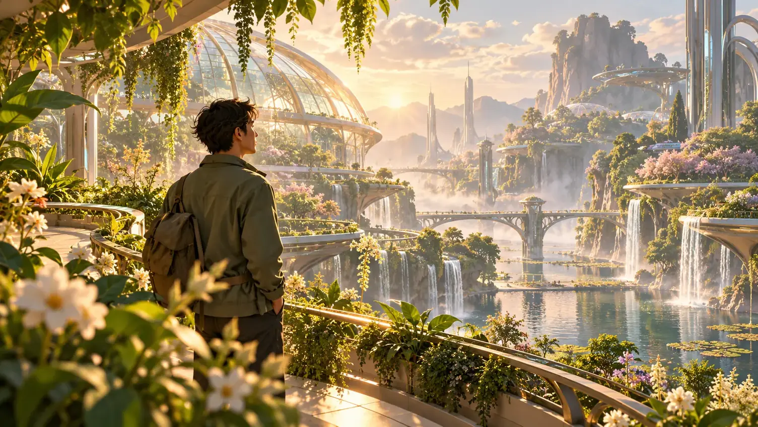 Original traveler in a luminous futuristic botanical environment