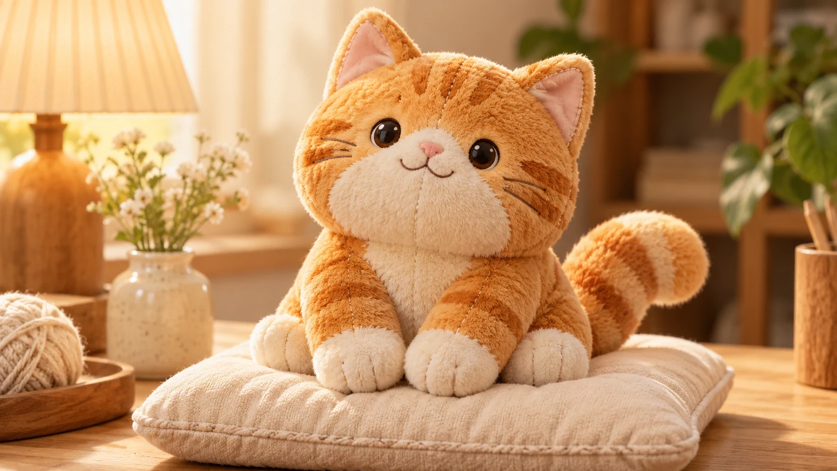 Ginger plush cat with visible fabric pile and sewn construction
