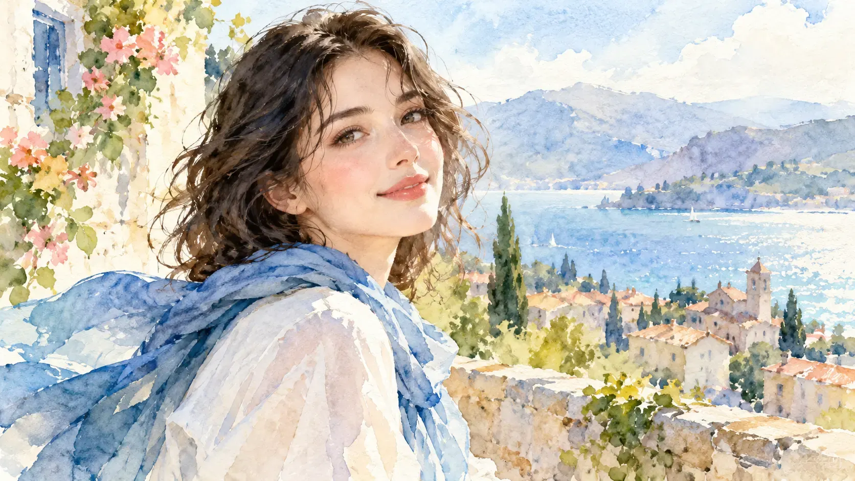 Watercolor portrait with transparent layers and selected facial detail