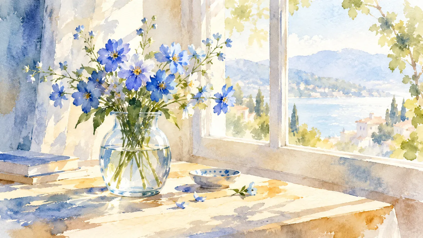 Flowers in a glass vase described by luminous transparent washes