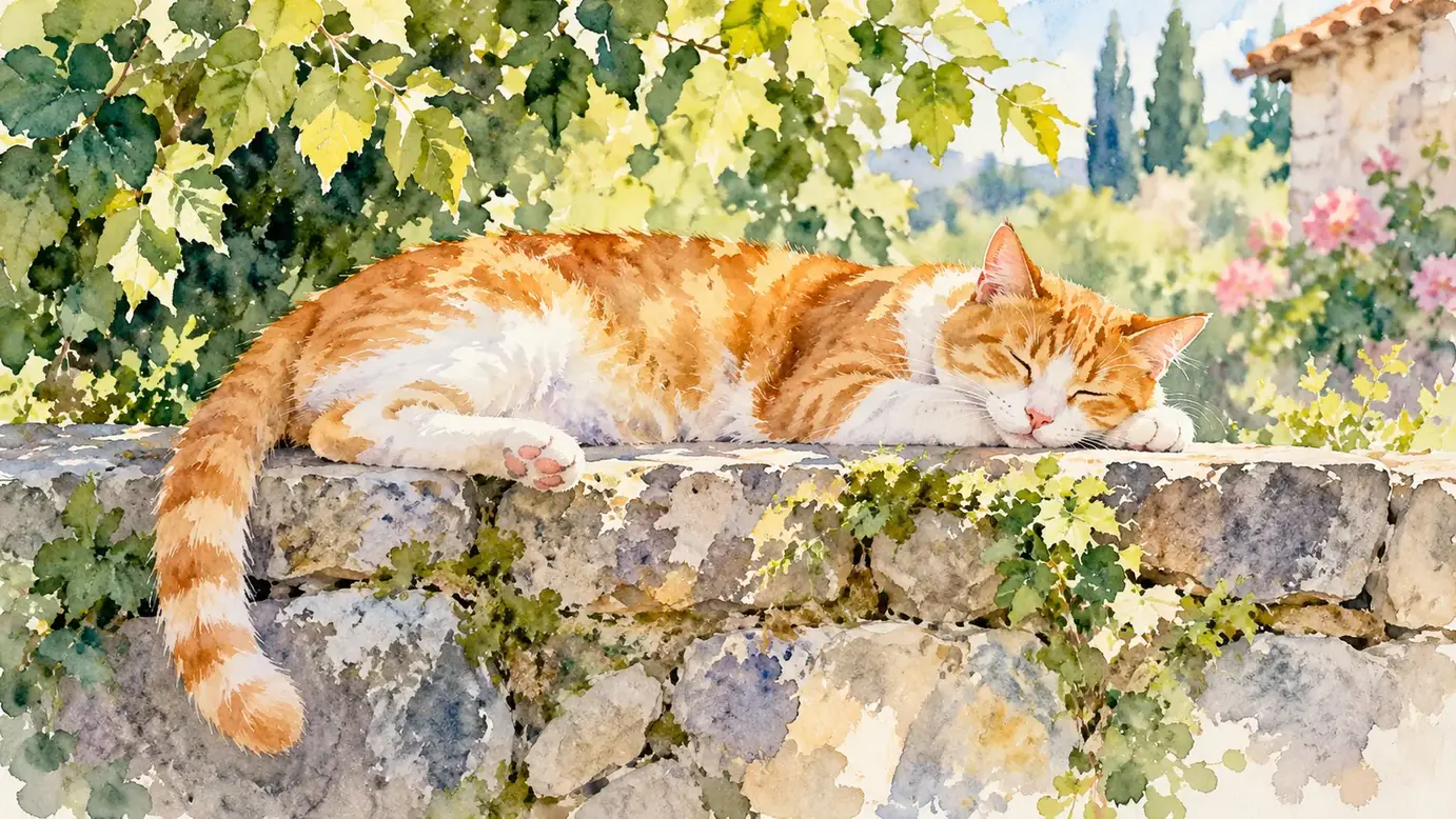 Sleeping ginger cat with pigment blooms and softly painted foliage