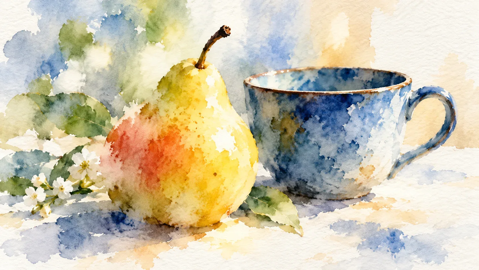 Pear and blue cup with selected crisp edges and soft washes