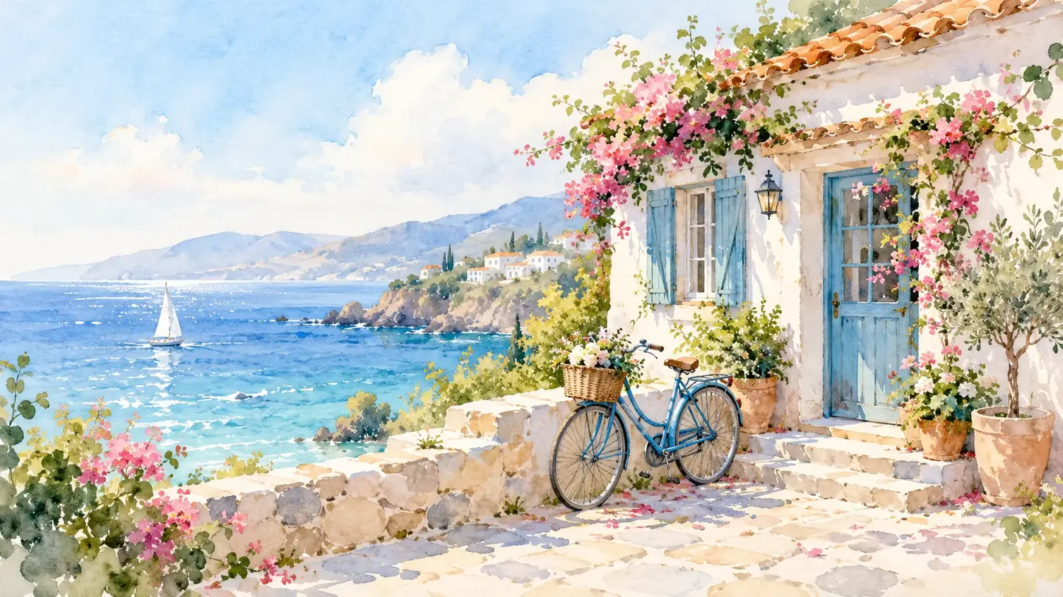 Seaside cottage and bicycle in a light watercolor scene