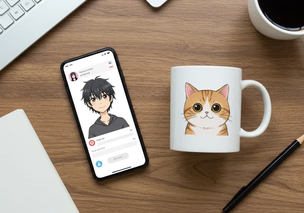 Phone with cartoon avatar and mug with a cartoon pet.