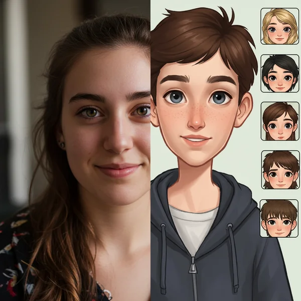 Real photo transforming into different cartoon styles