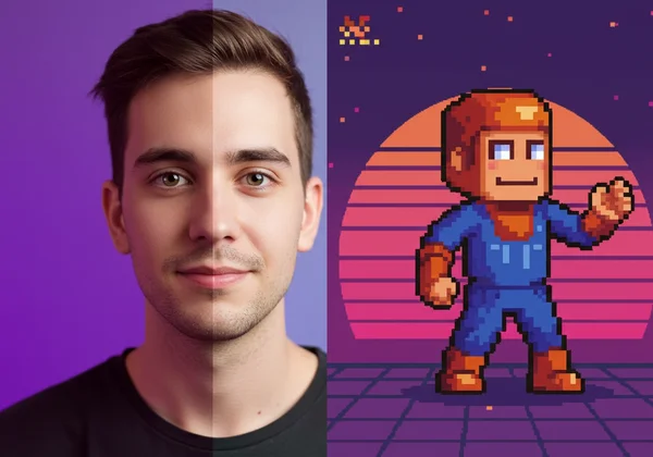 Photo transforming into a vibrant 8-bit pixel art character