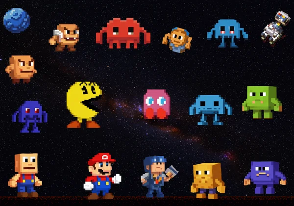 Icons of classic 8-bit video game characters like Mario, Pac-Man