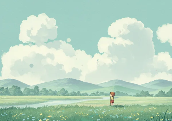 A dreamy landscape with a character in Ghibli art style