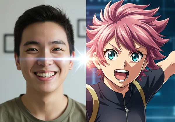 Photo transforming into a vibrant anime cartoon character
