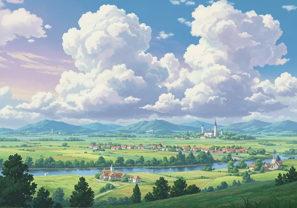 Serene landscape transformed into Ghibli art style