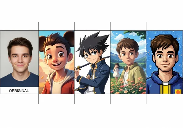 Collage showing a photo transformed into diverse AI cartoon styles