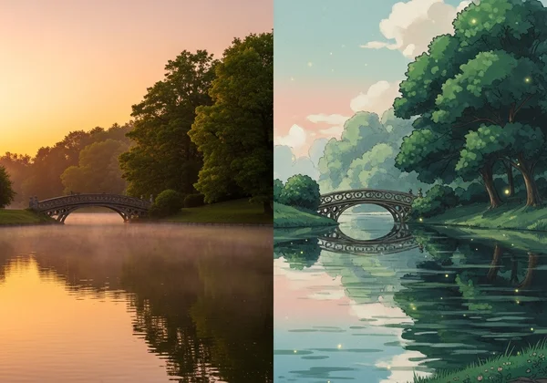 A serene landscape photo transformed into Ghibli art