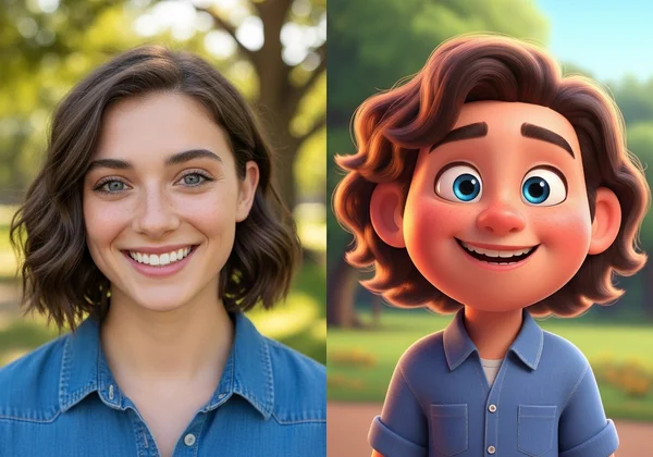 A person's photo transformed into a vibrant Pixar-style character