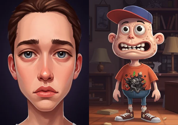 Distorted AI cartoon with misaligned features and background artifacts