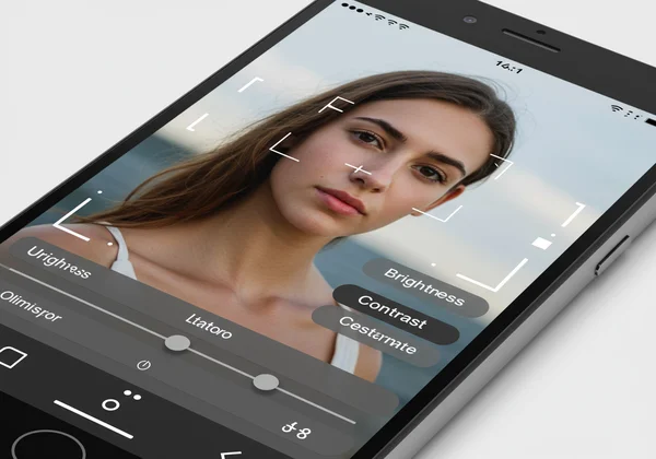 Photo editing interface showing crop, brightness, contrast