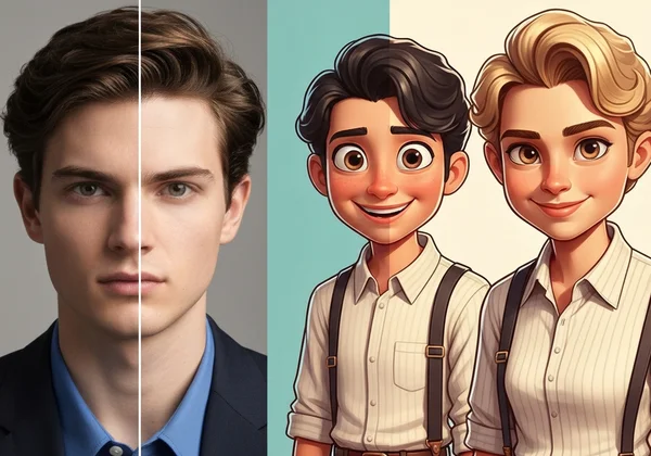 Photo transforming into a diverse cartoon art style