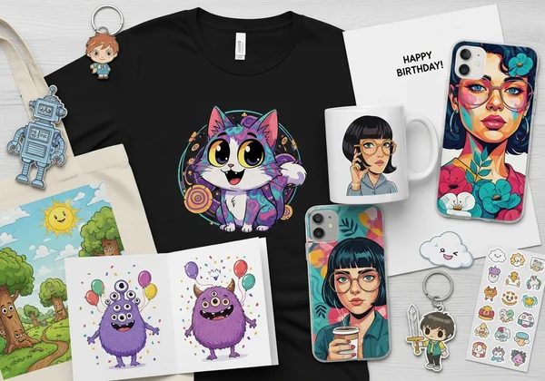 Montage of AI cartoon products for sale