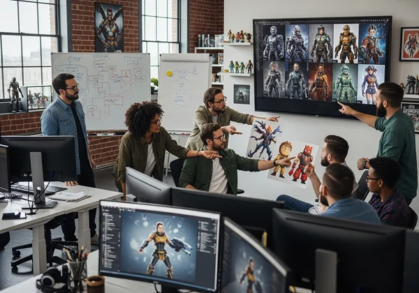 Game development team reviewing AI character concepts