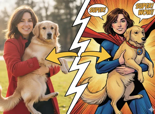 Photo transforming into a comic strip with AI