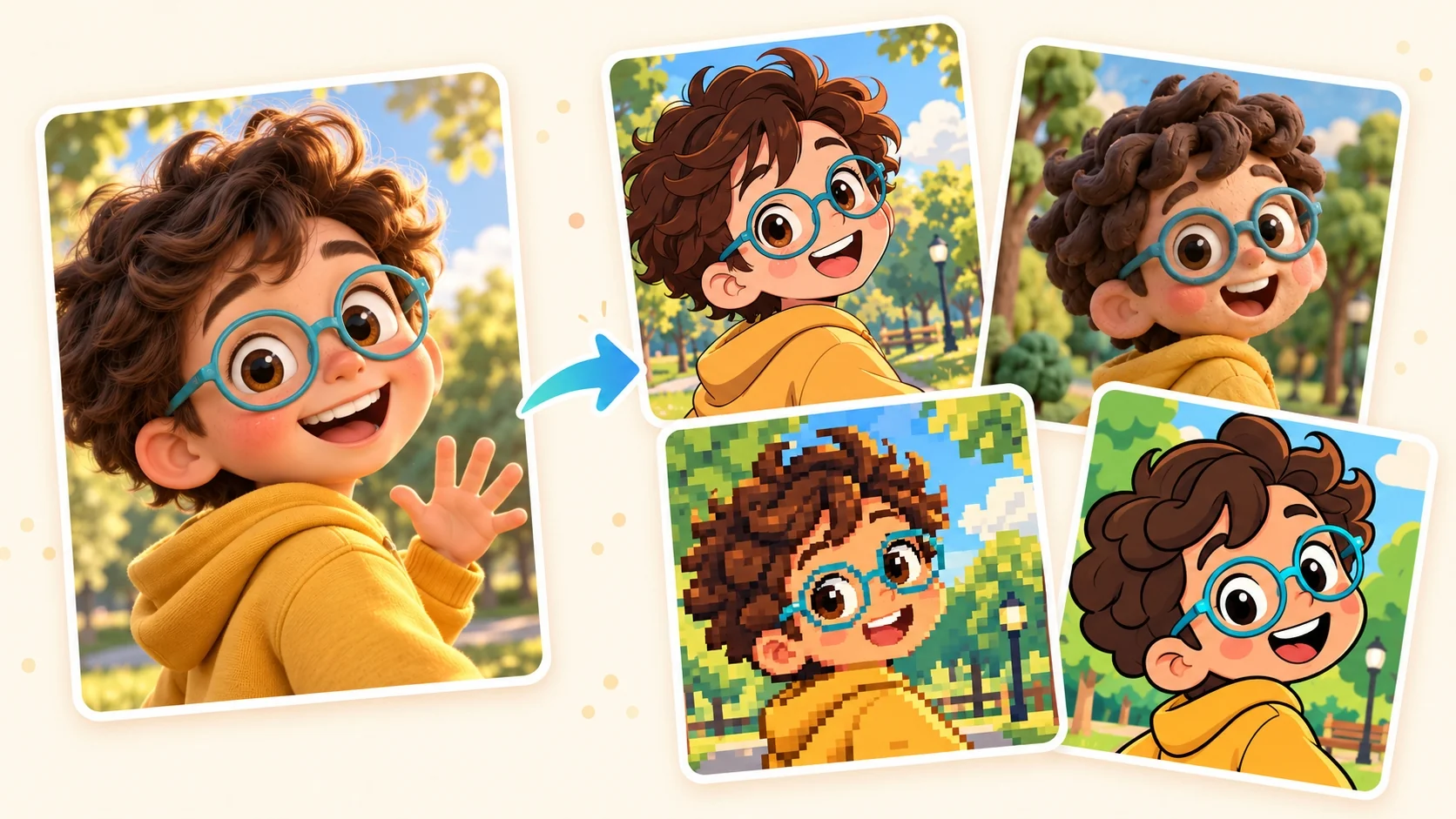 A child in a yellow hoodie and blue glasses in several cartoon styles.
